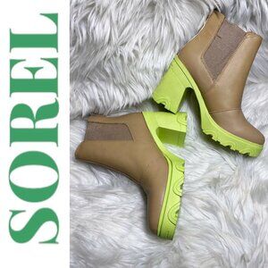 NWOB SOREL Brex Chunky Heel Platform Chelsea Bootie Tan Yellow, Size 6.5